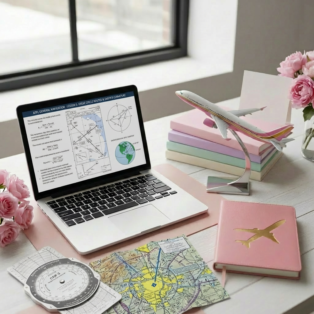 A clean, white wooden desk holds an open laptop displaying a detailed flight school syllabus on the screen, next to a stack of color-coded aviation textbooks and a dark blue notebook embossed with a silver airplane silhouette. A small model jet, painted in a modern airline livery, is positioned on a chrome stand near the laptop, angled as if climbing. Soft, overcast daylight from a nearby window creates even, diffused lighting with minimal shadows, emphasizing focus and clarity. Photographic realism from a slightly elevated angle shows sharp detail across the scene, evoking a disciplined, professional study environment for pilot training content on a women-in-aviation blog.