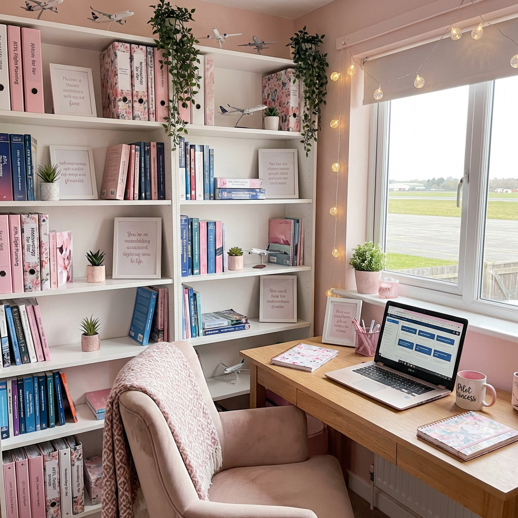 Pink-themed home office with organized bookshelves, aviation decor, and a desk overlooking an airfield.